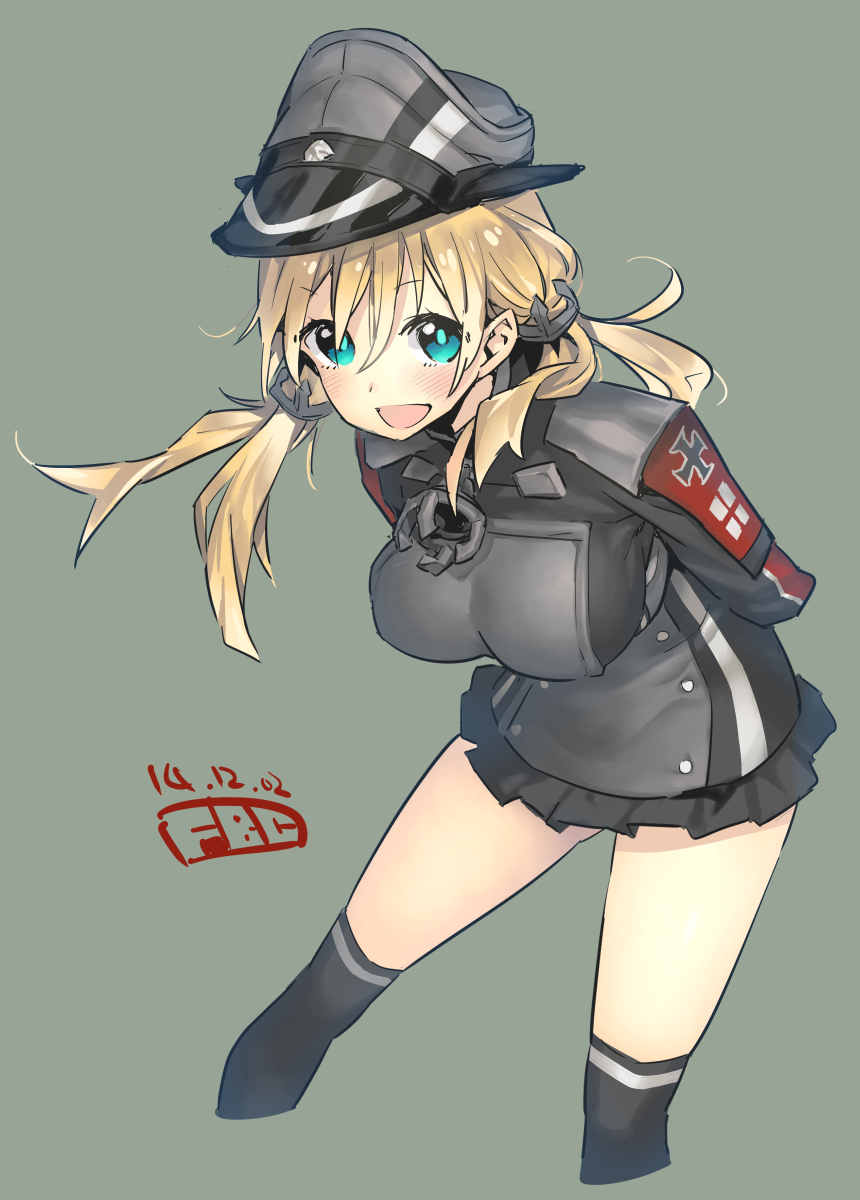 1girl anchor_hair_ornament arms_behind_back blonde_hair blush fbc hat highres kantai_collection long_hair long_sleeves looking_at_viewer military military_uniform open_mouth peaked_cap prinz_eugen_(kantai_collection) simple_background skirt smile solo twintails uniform