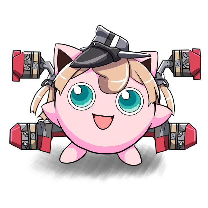 :d anchor_hair_ornament blue_eyes brown_hair character_request hat jigglypuff kantai_collection machinery no_humans open_mouth parody peaked_cap pokemon prinz_eugen_(kantai_collection) simple_background smile tk8d32 turret twintails white_background
