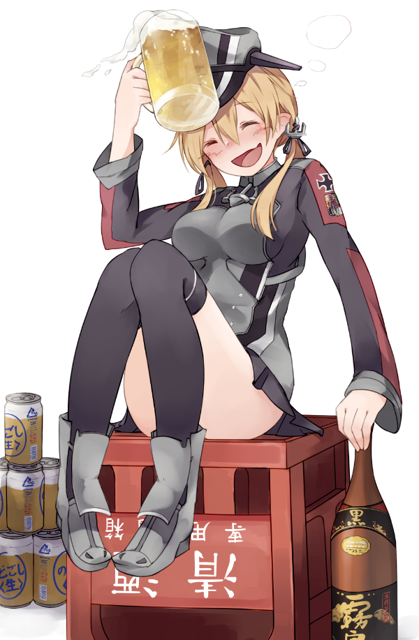 1girl alcohol beer beer_can blonde_hair blush happy hat kantai_collection microskirt military military_hat military_uniform prinz_eugen_(kantai_collection) roll_okashi sake skirt smile thigh-highs twintails uniform