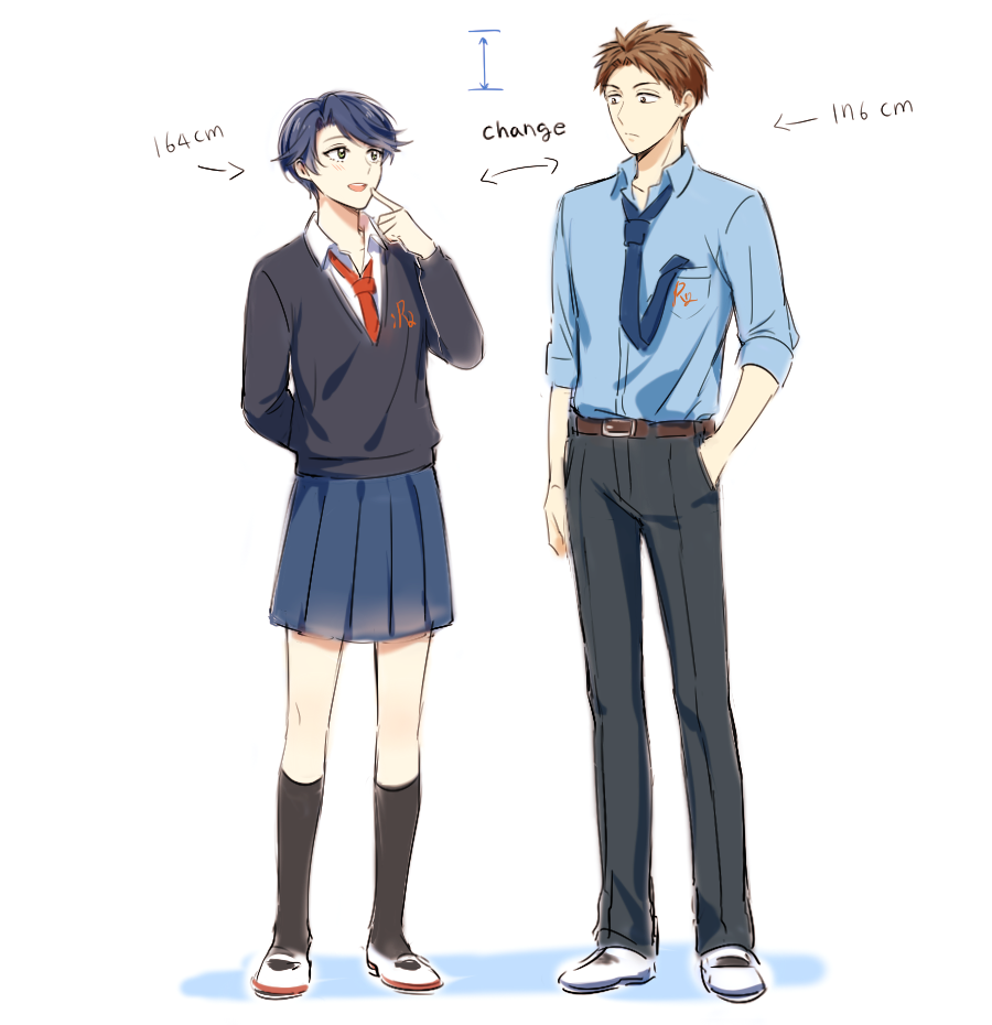 1boy 1girl apfl0515 black_legwear blue_hair brown_eyes brown_hair finger_to_mouth gekkan_shoujo_nozaki-kun green_eyes hand_in_pocket height_difference hori_masayuki kashima_yuu kneehighs necktie open_mouth school_uniform short_hair smile