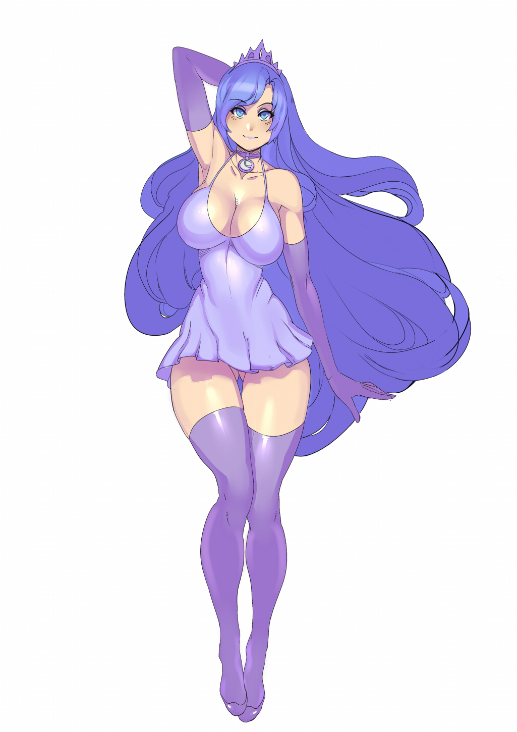1girl armpits blue_eyes blue_hair breasts choker cleavage collarbone crown dress elbow_gloves full_body gloves highres jewelry large_breasts long_hair luna_(my_little_pony) maniacpaint my_little_pony my_little_pony_friendship_is_magic pendant personification purple_gloves purple_legwear short_dress smile solo spaghetti_strap thigh-highs thigh_gap very_long_hair white_background