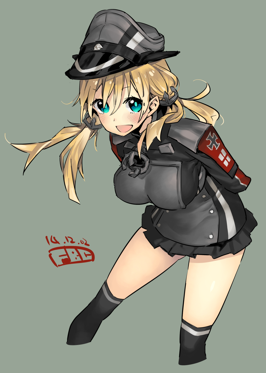 1girl anchor_hair_ornament arms_behind_back blonde_hair blush fbc hat highres kantai_collection long_hair long_sleeves looking_at_viewer military military_uniform open_mouth peaked_cap prinz_eugen_(kantai_collection) simple_background skirt smile solo twintails uniform