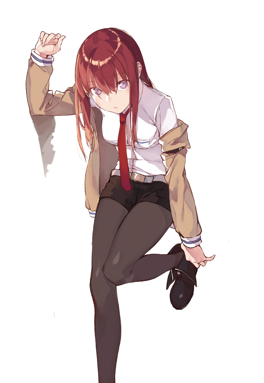1girl adjusting_clothes adjusting_shoe arm_support belt breasts brown_hair collared_shirt duoyuanjun highres jacket jacket_off_shoulders lavender_eyes leaning_forward leg_up long_hair looking_at_viewer makise_kurisu necktie open_mouth pantyhose shoes shorts solo standing steins;gate