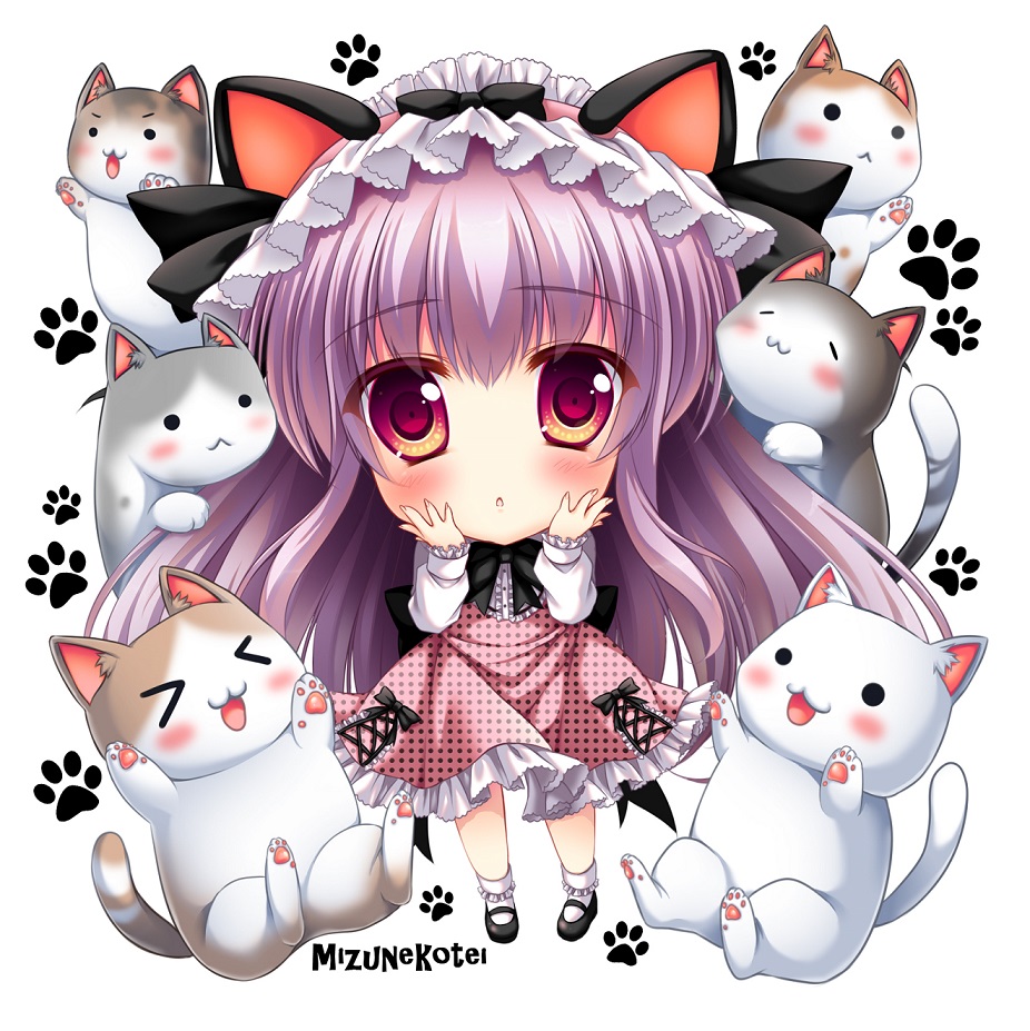 &gt;_&lt; 1girl :3 animal_ears cat cat_ears chibi hairband lolita_hairband long_hair looking_at_viewer mary_janes mizuki_yuuma orange_eyes original parted_lips purple_hair shoes