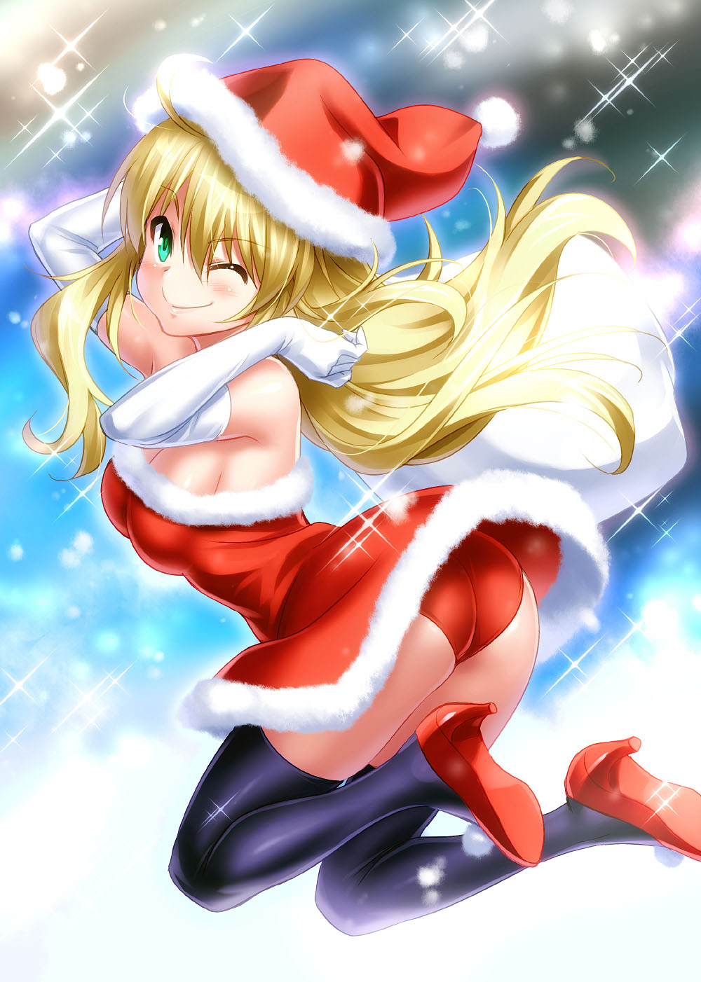 1girl ;) ass bare_shoulders black_legwear blonde_hair breasts christmas cleavage elbow_gloves gloves green_eyes hat high_heels highres hoshii_miki idolmaster long_hair one_eye_closed panties pantyshot red_panties sack santa_costume santa_hat smile solo thigh-highs underwear white_gloves zen