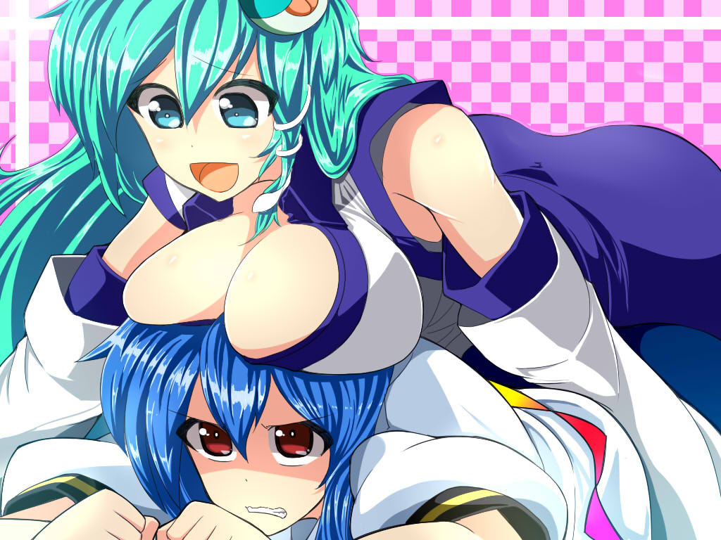 2girls angry aqua_eyes bare_shoulders blue_hair breast_envy breast_press breast_rest breasts breasts_on_head checkered checkered_background cleavage detached_sleeves frog_hair_ornament green_hair hair_ornament hinanawi_tenshi kochiya_sanae large_breasts lying lying_on_person multiple_girls on_stomach open_mouth q_kikuchi red_eyes snake_hair_ornament touhou wavy_mouth