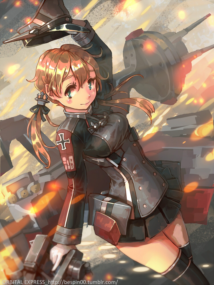 1girl anchor_hair_ornament bespin black_legwear blonde_hair cannon gloves hair_ornament hat hat_removed headwear_removed iron_cross kantai_collection long_hair long_sleeves microskirt military military_uniform ocean peaked_cap prinz_eugen_(kantai_collection) skirt smile solo thigh-highs torpedo turret twintails uniform water white_gloves
