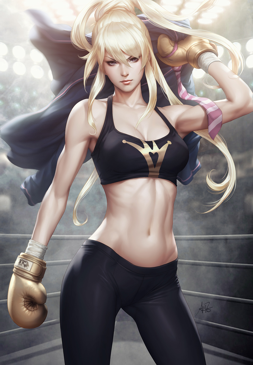 1girl blonde_hair boxing_gloves breasts brown_eyes cleavage girls_of_the_wild's highres lips midriff muscle navel necktie pants ponytail queen_(gotw) solo sports_bra stanley_lau toned
