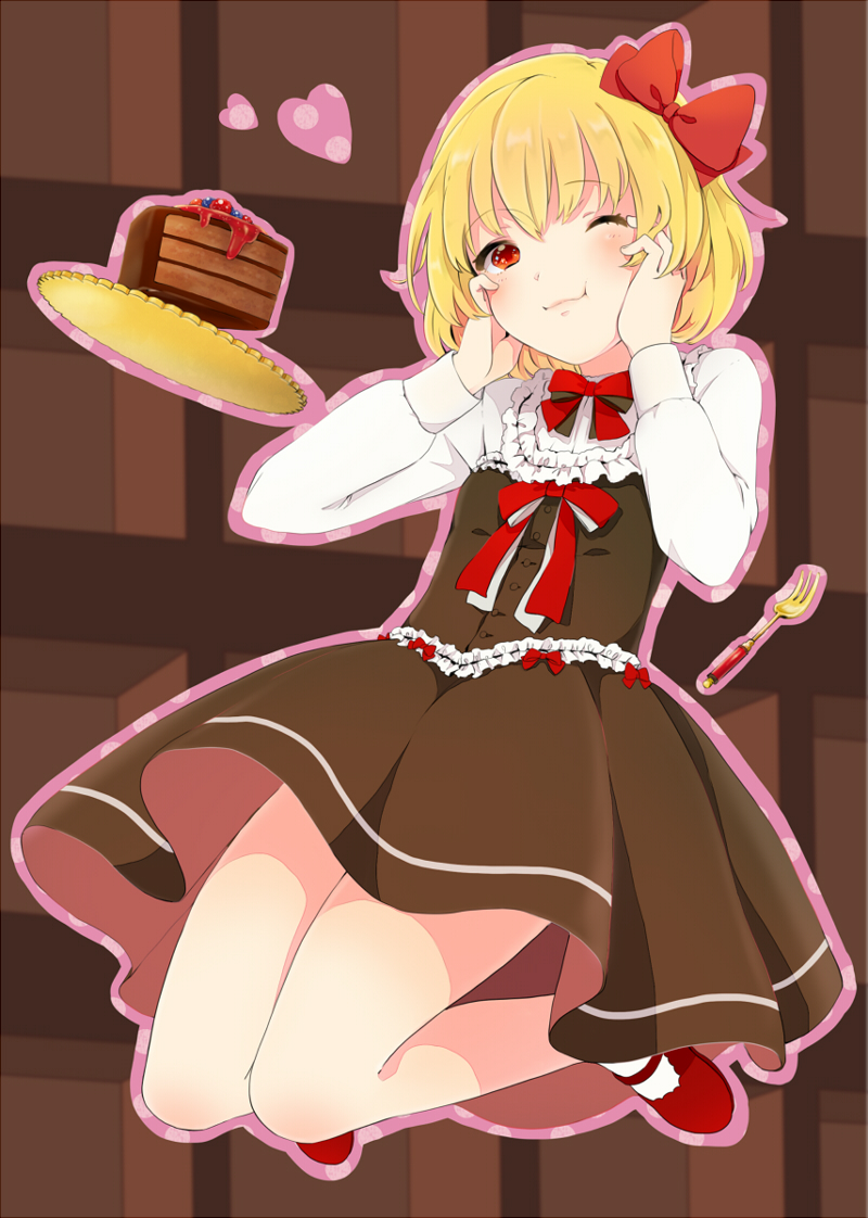 1girl blonde_hair cake food fork hair_ribbon hands_on_own_cheeks hands_on_own_face one_eye_closed red_eyes ribbon rumia short_hair skirt smile solo touhou witoi_(roa)
