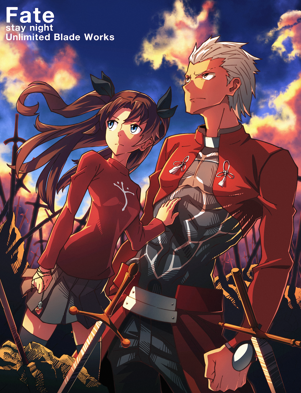 1boy 1girl archer black_legwear blue_eyes brown_eyes brown_hair casual copyright_name fate/stay_night fate_(series) hair_ribbon highres long_hair looking_up pleated_skirt ribbon rinta_(reyte) silver_hair skirt sky sword thigh-highs tohsaka_rin toosaka_rin twilight two_side_up unlimited_blade_works weapon wind zettai_ryouiki
