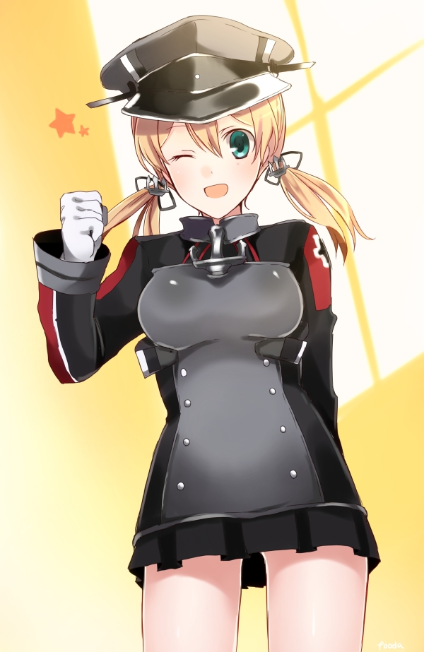 1girl :d anchor_hair_ornament arm_behind_back black_skirt blonde_hair blue_eyes cowboy_shot fist_pump gloves hat iron_cross kantai_collection long_sleeves looking_at_viewer microskirt military military_hat military_uniform one_eye_closed open_mouth peaked_cap pleated_skirt prinz_eugen_(kantai_collection) skirt smile solo star tooda_riko uniform white_gloves