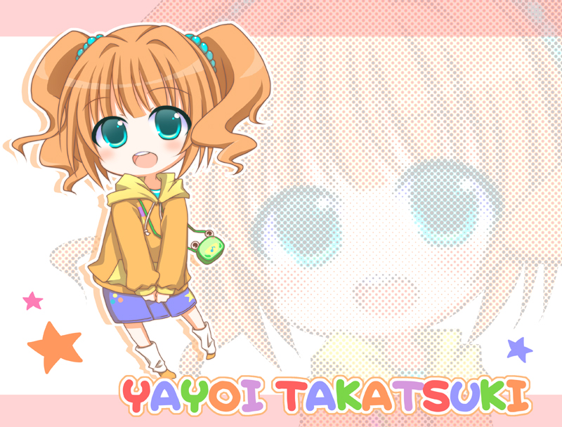 1girl :d blue_eyes brown_hair casual character_name chibi idolmaster kashiwadokoro looking_at_viewer open_mouth smile solo takatsuki_yayoi twintails zoom_layer