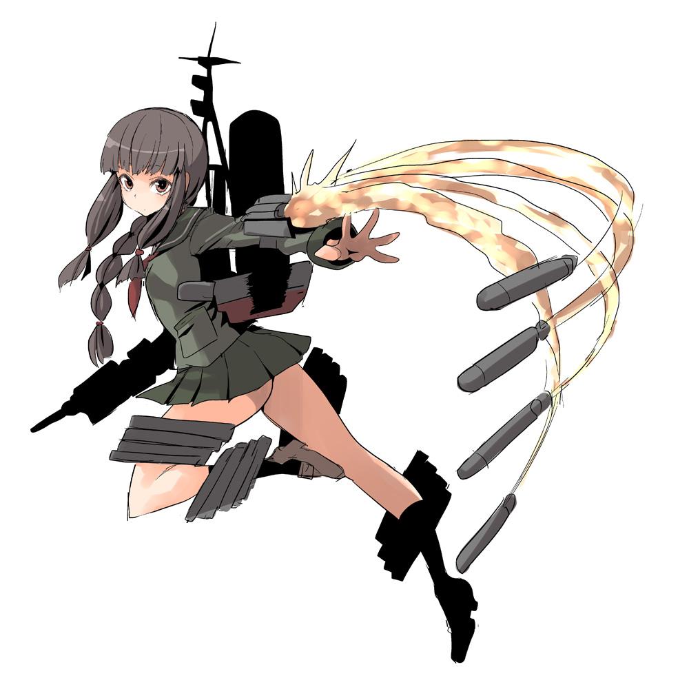 1girl ass black_hair braid gun kantai_collection ken_(koala) kitakami_(kantai_collection) machinery school_uniform serafuku torpedo weapon