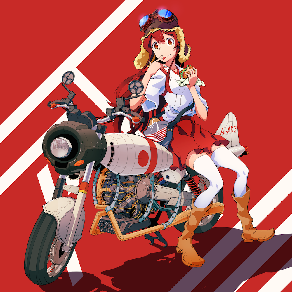 1girl :q akagi_(kantai_collection) boots brown_eyes brown_hair food goggles goggles_on_head hamburger holding kantai_collection long_hair looking_at_viewer motor_vehicle motorcycle pleated_skirt rinta_(reyte) sitting_on_object skirt smile solo thigh-highs tongue tongue_out vehicle white_legwear zettai_ryouiki