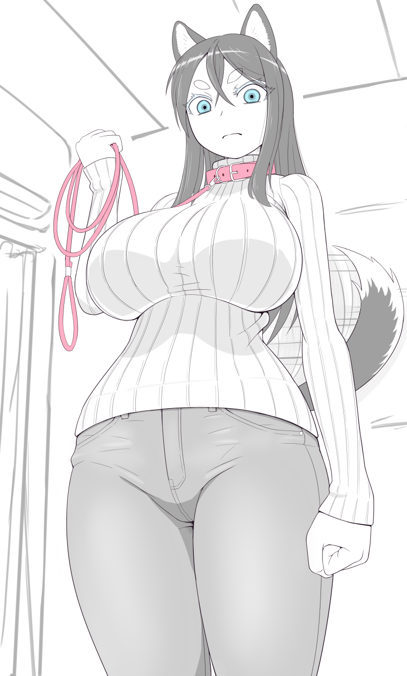 1girl animal_ears black_hair blue_eyes breasts character_request collar curvy denim dog_collar dog_ears dog_tail eyebrows futaba_channel highres huge_breasts jeans leash long_hair looking_at_viewer monochrome nijiura_maids pants ribbed_sweater solo sweater tail thick_eyebrows