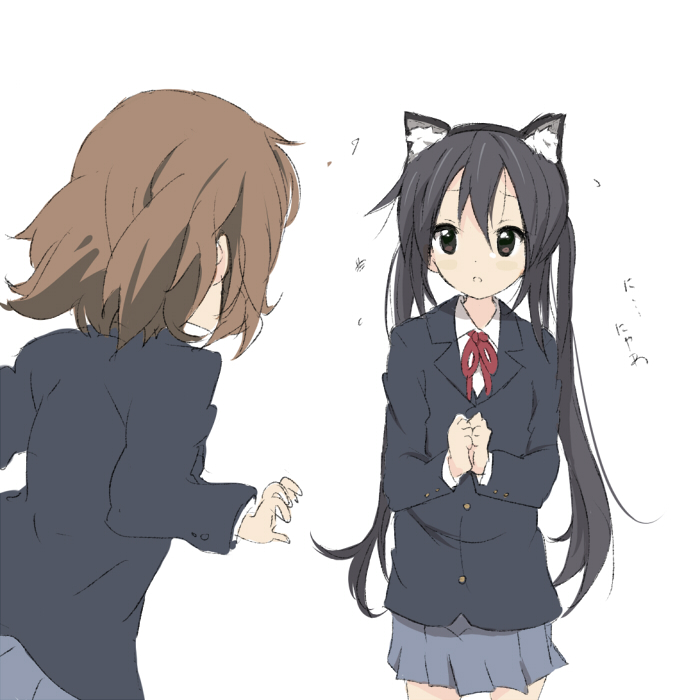 2girls animal_ears black_hair brown_eyes brown_hair cat_ears core_(mayomayo) hirasawa_yui k-on! long_hair multiple_girls nakano_azusa school_uniform short_hair twintails