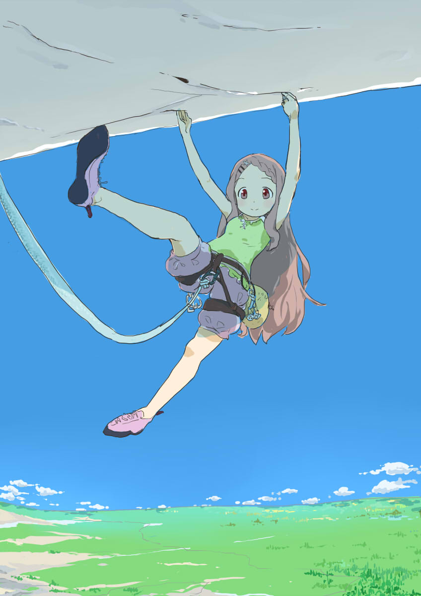 1girl aoba_kokona brown_hair climbing highres keisan long_hair red_eyes solo tagme yama_no_susume