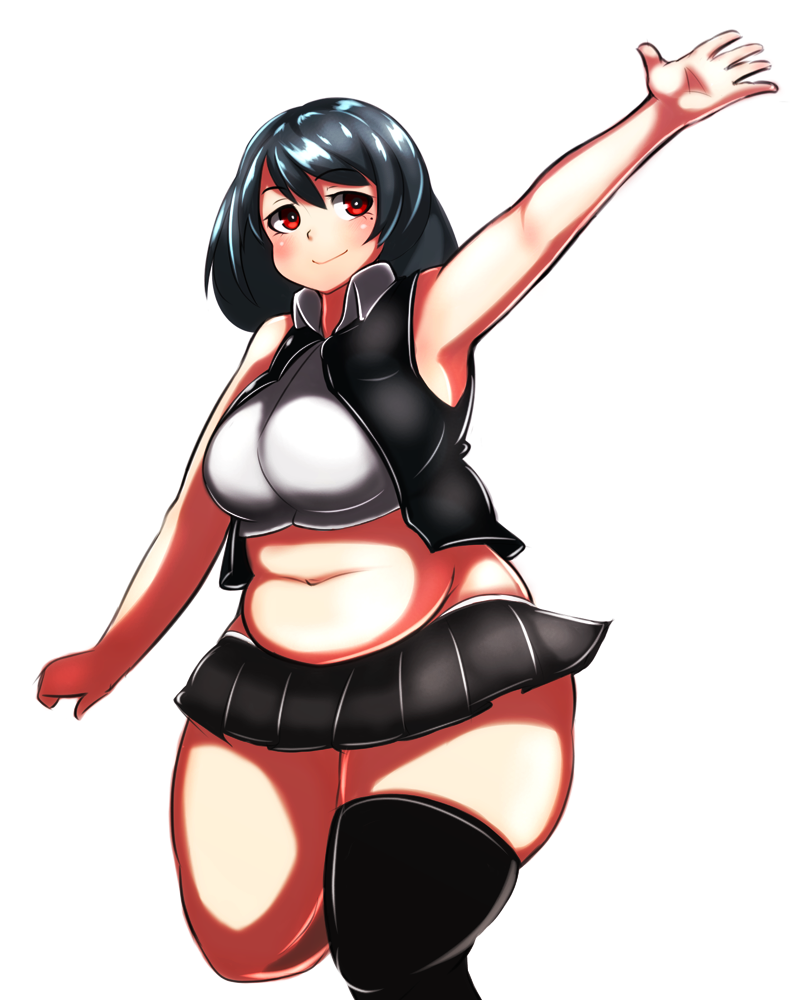 1girl arm_up belly black_hair blush breasts collared_shirt fat jacket large_breasts looking_at_viewer midriff miniskirt navel original ouzon red_eyes single_thighhigh skirt smile solo thick_thighs thigh-highs thighs waving wide_hips