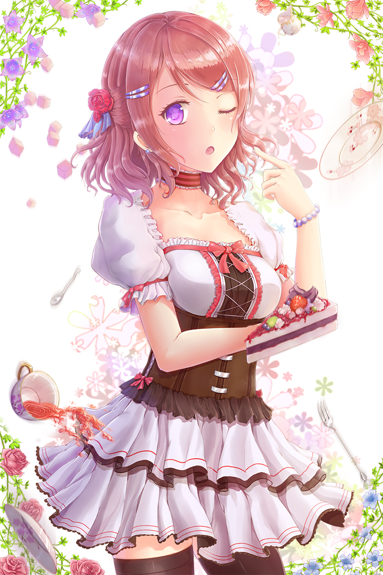 1girl artist_request cake dress flower food hair_flower hair_ornament hairclip looking_at_viewer love_live!_school_idol_project nishikino_maki one_eye_closed open_mouth redhead short_hair solo tea thigh-highs violet_eyes