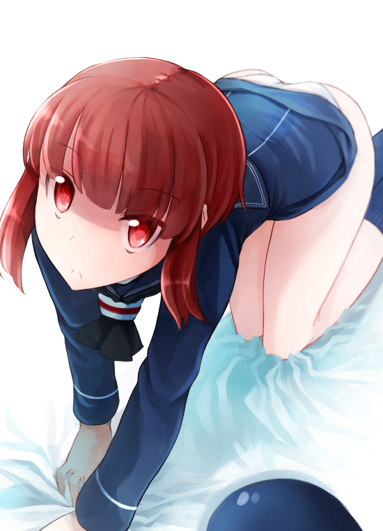 1girl :&lt; all_fours ass comah hat hat_removed headwear_removed kantai_collection long_sleeves looking_at_viewer military military_uniform neckerchief no_hat panties payot red_eyes redhead sailor_collar sailor_hat short_hair simple_background solo underwear uniform white_background white_panties z3_max_schultz_(kantai_collection)