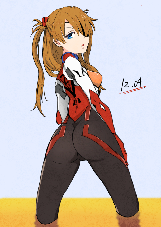 1girl ass blue_eyes eyepatch long_hair neon_genesis_evangelion plugsuit rebuild_of_evangelion shikinami_asuka_langley solo souryuu_asuka_langley