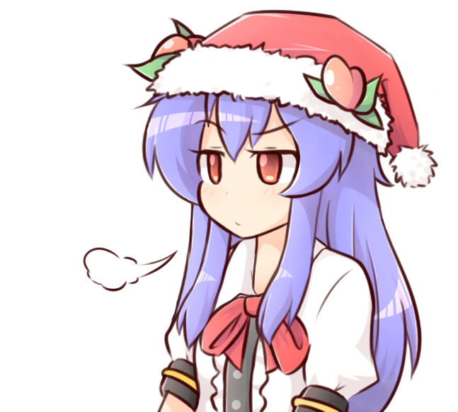 1girl blue_hair bust expressionless food fruit hat hat_ornament hinanawi_tenshi long_hair neck_ribbon peach raised_eyebrow red_eyes ribbon santa_hat sigh simple_background solo touhou wool_(miwol)