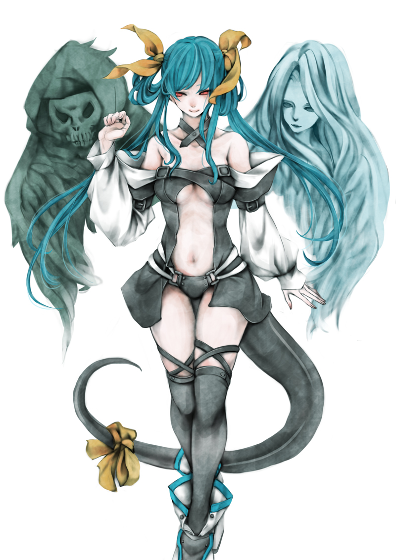 1girl asymmetrical_wings bare_shoulders black_legwear blue_hair collarbone dizzy guilty_gear hair_ribbon long_hair navel necro nejimaki_oz red_eyes ribbon simple_background solo tail tail_ribbon thigh-highs twintails undine_(guilty_gear) white_background wings