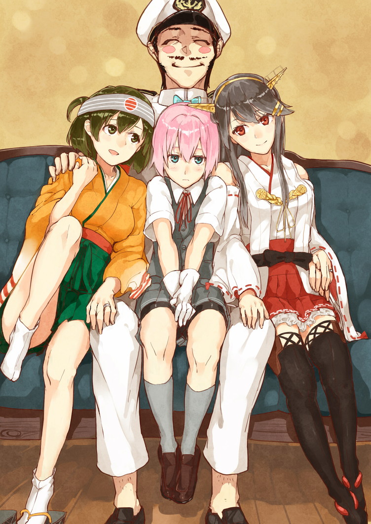 1boy 3girls ^_^ admiral_(kantai_collection) bare_shoulders bike_shorts black_hair blue_eyes blush blush_stickers boots brown_hair closed_eyes collared_shirt couch detached_sleeves facial_hair frilled_skirt frills girl_sandwich gloves green_skirt grey_hair grey_skirt hair_ornament hairband hairclip hakama_skirt hand_on_another's_chest haruna_(kantai_collection) hat headband headgear hiryuu_(kantai_collection) holding_hands jewelry kantai_collection kneehighs lace lace-trimmed_thighhighs loafers military military_hat military_uniform multiple_girls mustache naval_uniform nontraditional_miko peaked_cap pink_hair pleated_skirt poco_(backboa) red_eyes red_skirt ribbon ring sandwiched school_uniform shiranui_(kantai_collection) shoes sideburns sitting skirt smile socks thigh-highs thigh_boots uniform v_arms vest wedding_band white_gloves