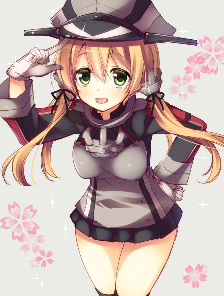 1girl :d anchor_hair_ornament black_legwear blonde_hair bust gloves green_eyes hand_up hat kantai_collection long_hair long_sleeves microskirt military military_uniform open_mouth peaked_cap prinz_eugen_(kantai_collection) simple_background skirt smile solo tahya twintails uniform