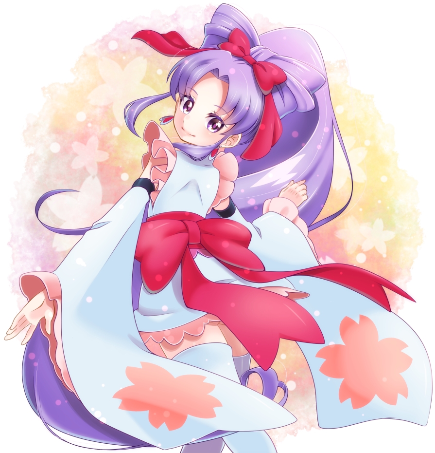 1girl alternate_form anmitsu_komachi bow cure_fortune detached_sleeves earrings frills hair_bow happinesscharge_precure! hikawa_iona jewelry long_hair looking_back magical_girl miniskirt ponytail precure purple_hair ribbon skirt smile solo thigh-highs violet_eyes white_legwear yupiteru