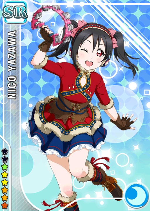 black_hair boots character_name dress happy long_hair love_live!_school_idol_project red_eyes tambourine twintails wink yazawa_nico