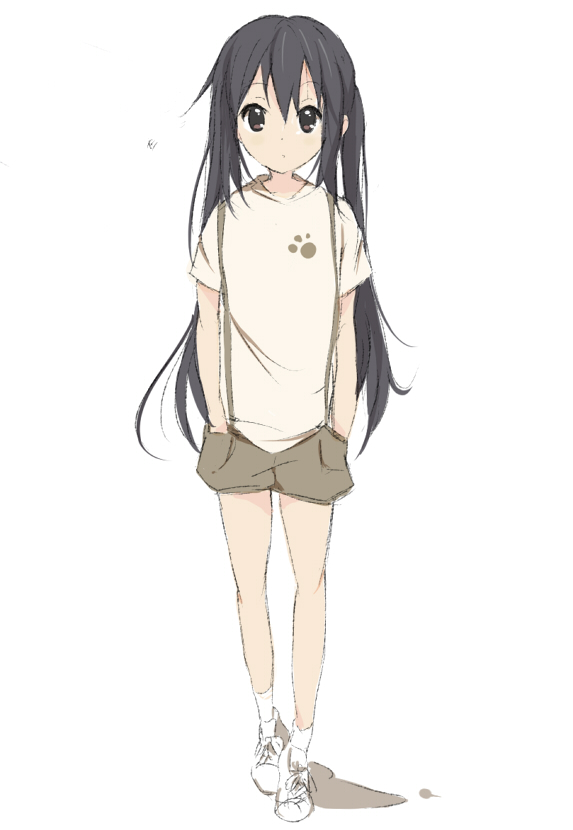 1girl black_eyes black_hair core_(mayomayo) hands_in_pockets k-on! long_hair nakano_azusa shorts standing twintails