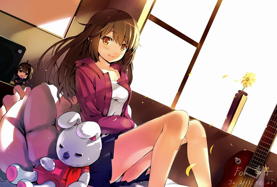 1girl :d bed brown_eyes brown_hair casual character_doll dutch_angle flower guitar hair_ornament hairclip hirasawa_yui instrument jojofon k-on! long_hair looking_at_viewer open_mouth original petals pillow pleated_skirt short_hair sitting skirt smile solo stuffed_animal stuffed_bunny stuffed_toy