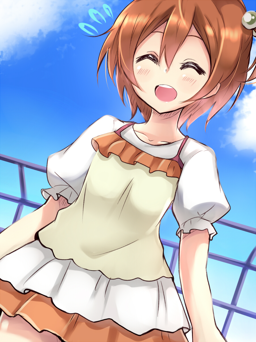 1girl ^_^ amano_kouki brown_hair casual closed_eyes collarbone dutch_angle from_below highres hoshizora_rin looking_at_viewer love_live!_school_idol_project open_mouth short_hair side_ponytail smile solo