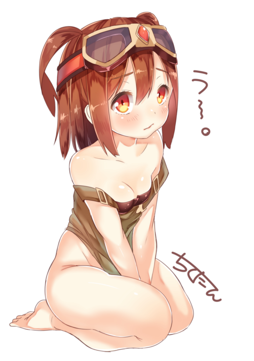 1girl bare_shoulders bottomless brown_hair chitetan goggles goggles_on_head highres looking_at_viewer ole_tower rammer_(ole_tower) short_hair simple_background solo twintails