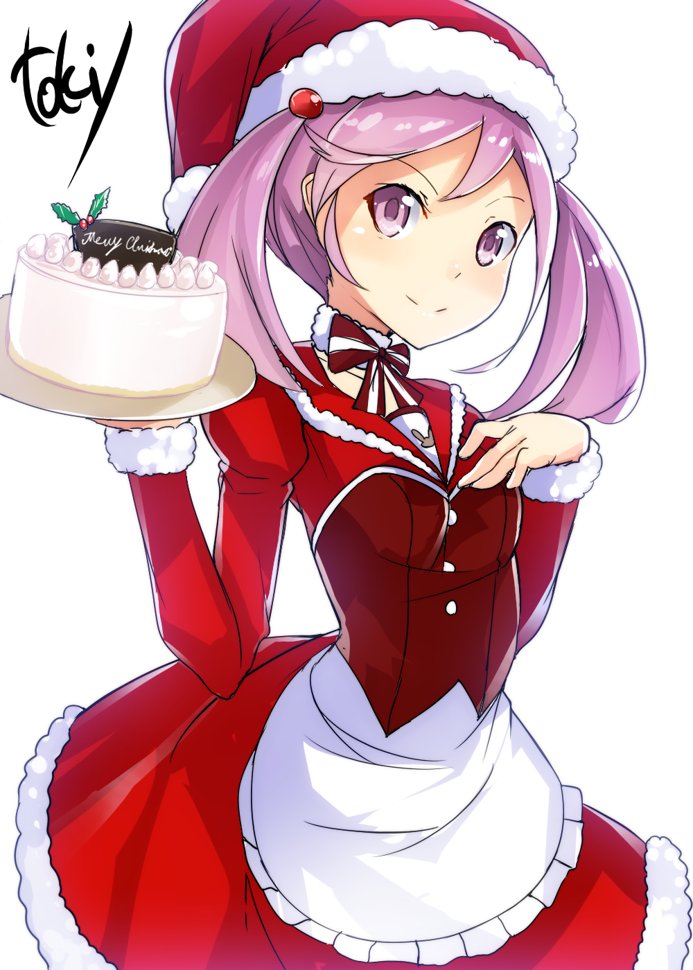 1girl apron artist_name cake christmas dress food fur_trim hair_bobbles hair_ornament hand_on_own_chest hat highres kantai_collection long_sleeves looking_at_viewer maid pink_eyes pink_hair puffy_long_sleeves puffy_sleeves red_dress santa_costume santa_hat sazanami_(kantai_collection) simple_background smile solo toki/ twintails white_background