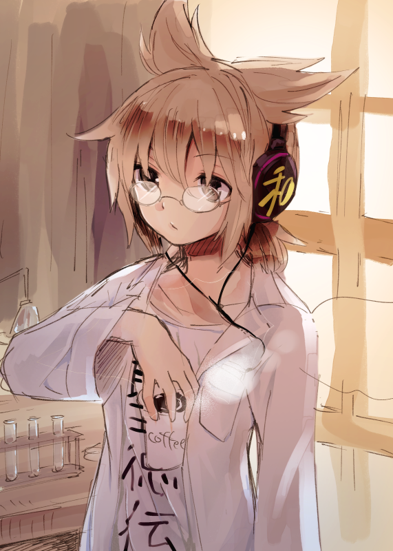 1girl alternate_costume bespectacled brown_eyes brown_hair casual coffee collarbone collared_shirt contemporary glasses headphones makuwauri open_clothes open_shirt paper_cup pointy_hair rimless_glasses round_glasses short_hair solo steam t-shirt touhou toyosatomimi_no_miko