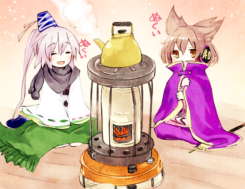 2girls :d ^_^ blanket blush boiling brown_eyes brown_hair cape closed_eyes covered_mouth dress earmuffs hat high_collar kettle long_hair long_sleeves looking_at_viewer makuwauri mononobe_no_futo multiple_girls open_mouth pointy_hair ponytail propane_tank scarf seiza silver_hair sitting sleeves_past_wrists smile steam sword tate_eboshi touhou toyosatomimi_no_miko weapon