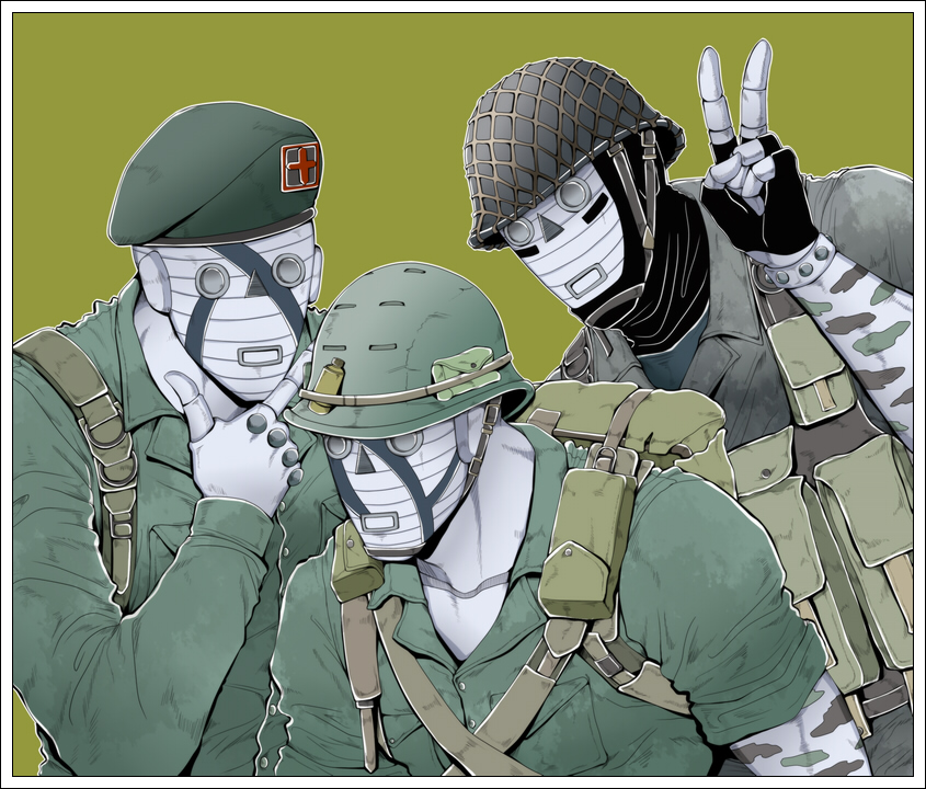 3boys army bad_company_(stand) jojo_no_kimyou_na_bouken multiple_boys no_humans shiemasu soldier stand_(jojo) v