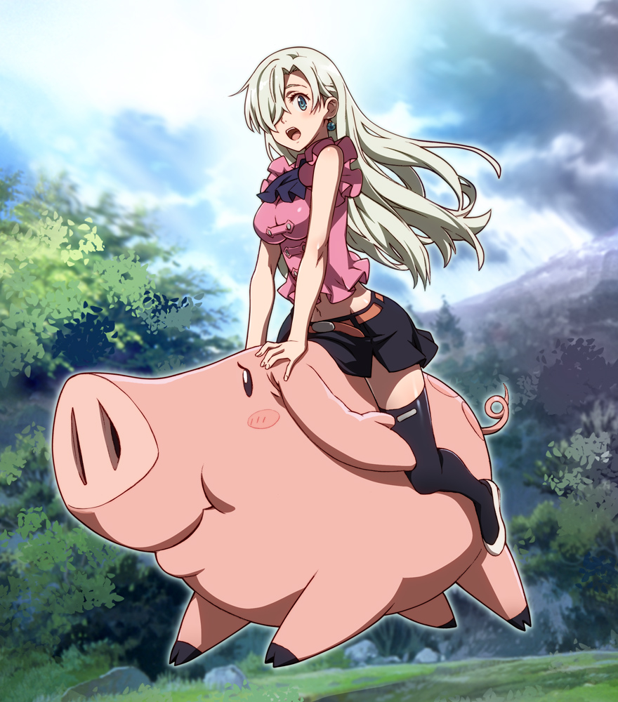 1girl animal ascot background bangs belt belt_buckle beltskirt black_legwear black_skirt blue_eyes breasts buttons clouds cloudy_sky earrings elizabeth_liones flats frilled_shirt grass hawk_(nanatsu_no_taizai) hidden_eyes hip_bones jewelry large_breasts leaf leaf_background long_hair looking_at_viewer midriff mountain nanatsu_no_taizai navel nyoronyoro open_mouth pig pink_shirt pleated_skirt ribbon-trimmed_legwear ribbon_trim riding rock shoes silver_hair skirt sky solo surprised teeth thigh-highs tongue tree white_shoes