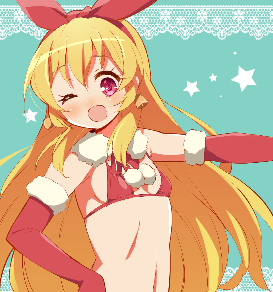 1girl 9law ;d aikatsu! bell bell_earrings bikini_top blonde_hair elbow_gloves flat_chest gloves hairband hoshimiya_ichigo long_hair looking_at_viewer one_eye_closed open_mouth pink_eyes red_gloves small_breasts smile solo star