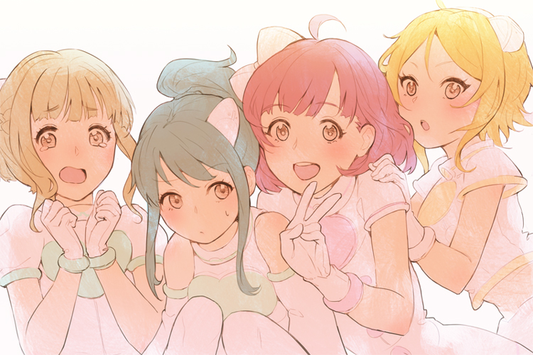 4girls :o ahoge bangs bare_shoulders blonde_hair blush bow braid brown_hair cheek-to-cheek detached_sleeves dress ekao gloves green_hair group_picture hair_bow hair_ornament hand_on_another's_shoulder hands_up heart_shape idol kasukabe_haru long_sleeves looking_at_viewer midriff multiple_girls nervous nonohara_hime open_mouth ponytail pout redhead serizawa_momoka shirt short_hair short_sleeves simple_background smile surprised sweatdrop tearing_up tears tokyo_7th_sisters tsunomori_rona updo v white_background white_dress white_gloves white_shirt