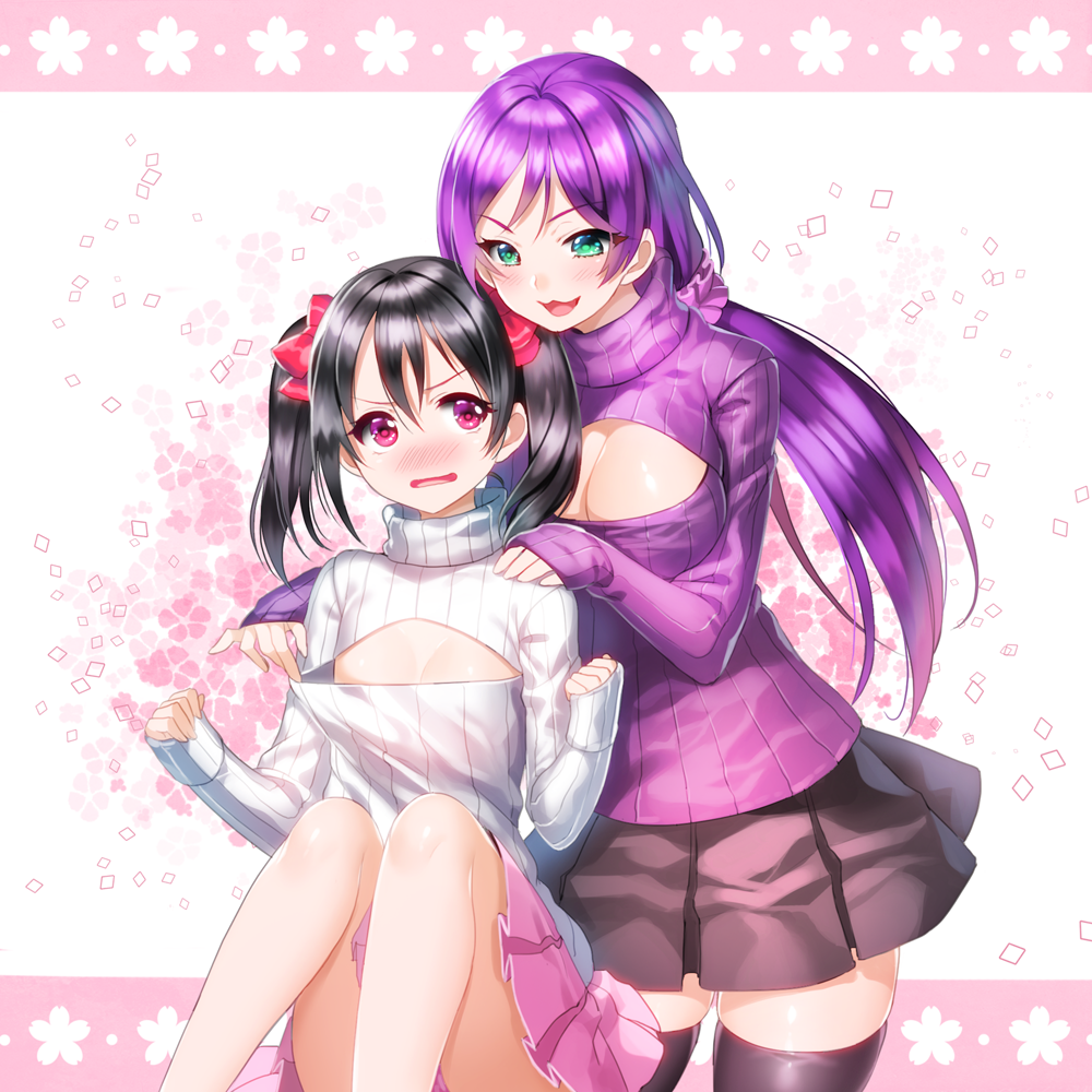 2girls :3 aile_(crossroads) black_hair black_legwear blush breasts cleavage cleavage_cutout flat_chest long_hair love_live!_school_idol_project low_twintails multiple_girls open-chest_sweater open_mouth pink_eyes ribbed_sweater shiny shiny_hair shiny_skin short_hair sitting skirt sleeves_past_wrists sweater thigh-highs toujou_nozomi turtleneck twintails yazawa_nico zettai_ryouiki