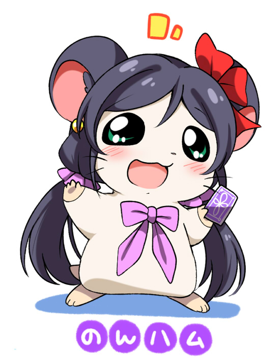 1girl animal_ears animalization blush bow eromame green_eyes hair_ornament hamster hamtaro long_hair love_live!_school_idol_project open_mouth parody purple_hair solo tagme toujou_nozomi twintails
