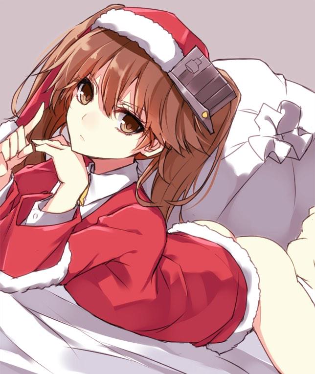 1girl aosaki_yukina bell bell_collar bottomless brown_eyes brown_hair chin_rest collar dutch_angle fur_trim hat japanese_clothes jpeg_artifacts kantai_collection kariginu looking_at_viewer lying on_stomach ryuujou_(kantai_collection) sack santa_costume santa_hat solo twintails