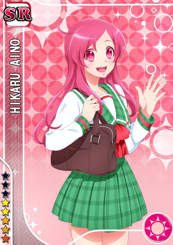 0417nao 1girl bag card_parody character_name long_hair love_live!_school_idol_festival original pink_background pink_eyes pink_hair polka_dot polka_dot_background precure school_uniform smile solo