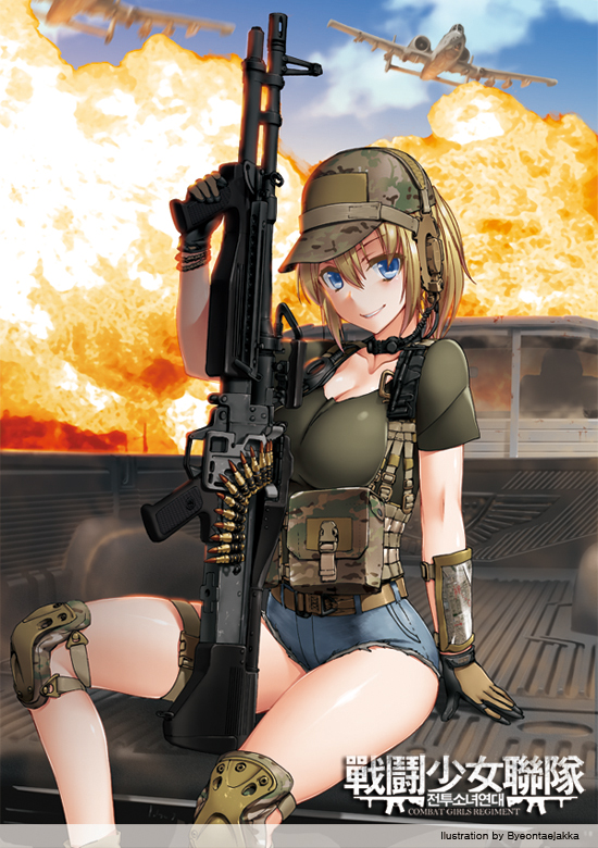 1girl a-10 arm_support artist_name baseball_cap blonde_hair blue_eyes breasts brown_gloves byeontae_jagga camouflage cleavage copyright_request cutoffs denim denim_shorts ear_protection fire foregrip gloves gun hat knee_pads looking_at_viewer m60 military parted_lips ponytail shiny shiny_skin short_sleeves shorts sitting smile solo t-shirt thigh_strap weapon