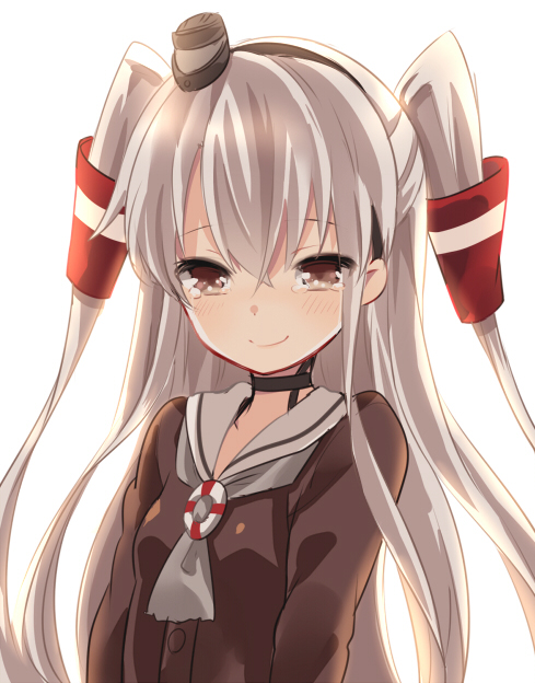 1girl amatsukaze_(kantai_collection) backlighting bangs brown_eyes bust buttons cardigan choker hair_ornament hair_tubes hairband ica kantai_collection lifebuoy light_smile long_hair long_sleeves looking_at_viewer neckerchief parted_bangs school_uniform serafuku silver_hair simple_background small_breasts smile tears two_side_up white_background