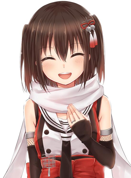 1girl blush brown_hair hand_on_own_chest ica jewelry kantai_collection ninja open_mouth ring scarf sendai_(kantai_collection) smile twintails