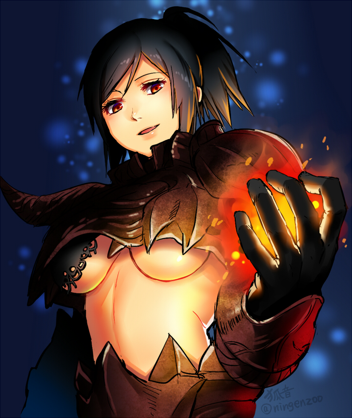 1girl armor black_gloves black_hair breasts brown_eyes dark_souls_2 fireball gloves ko-on_(ningen_zoo) looking_down ponytail revealing_clothes smelter_demon_armor solo souls_(from_software) twitter_username under_boob